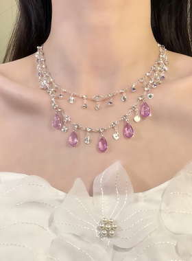 HEY TAO闪锆粉色水滴流苏项链女双层叠戴锁骨链甜美气质颈链配饰