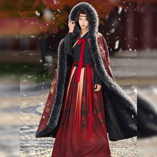冬季加厚毛呢披风男女同款汉服斗篷加绒大毛领披风明制披肩日常