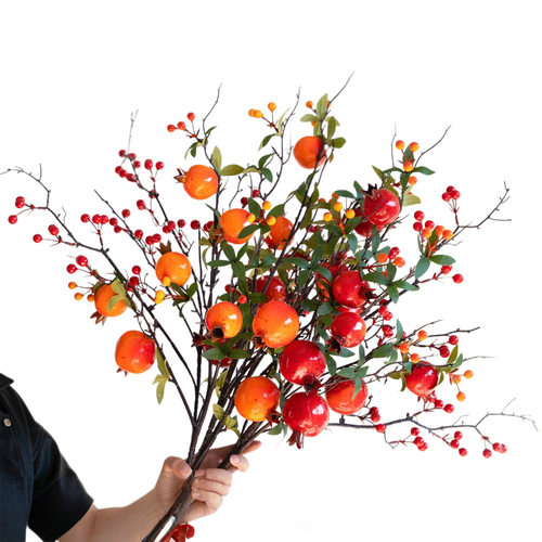 仿真花石榴果树枝柿子摆件干花假花客厅插花餐桌装饰品