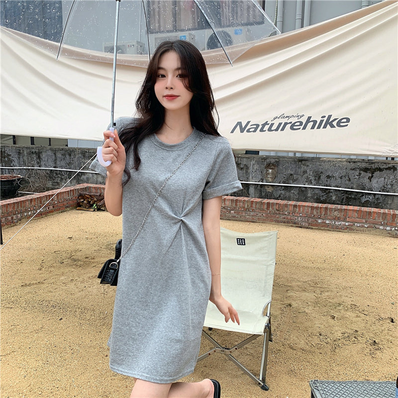 新款夏季短袖连衣裙女宽松遮肚子收腰显瘦T恤裙女学生ins韩版裙子
