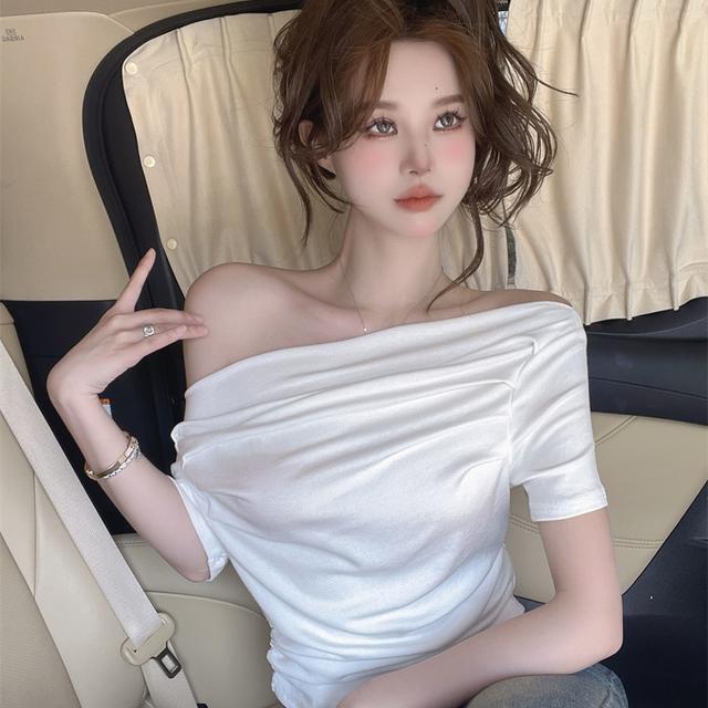 夏装一字肩斜领褶皱短袖inst恤女设计感小众时髦性感锁骨短款上