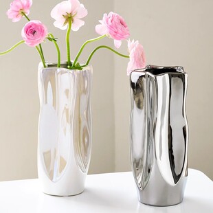 轻奢水培花瓶摆件陶瓷银色不规则艺术花器家居软装 插花客厅高级感