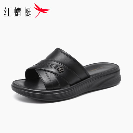 红蜻蜓2026夏季新款女外穿头层牛皮软底休闲凉拖百搭一字拖女拖鞋