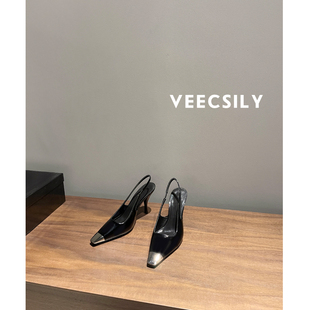 金属头方头高跟凉鞋 2025夏秋新款 女一字带包头细跟 太美了 闭眼入