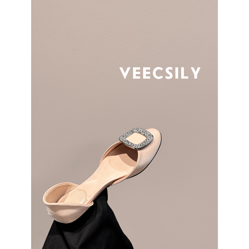 高定~真丝水钻方扣包头中空浅口单鞋女25s夏季圆头平底一脚蹬女鞋