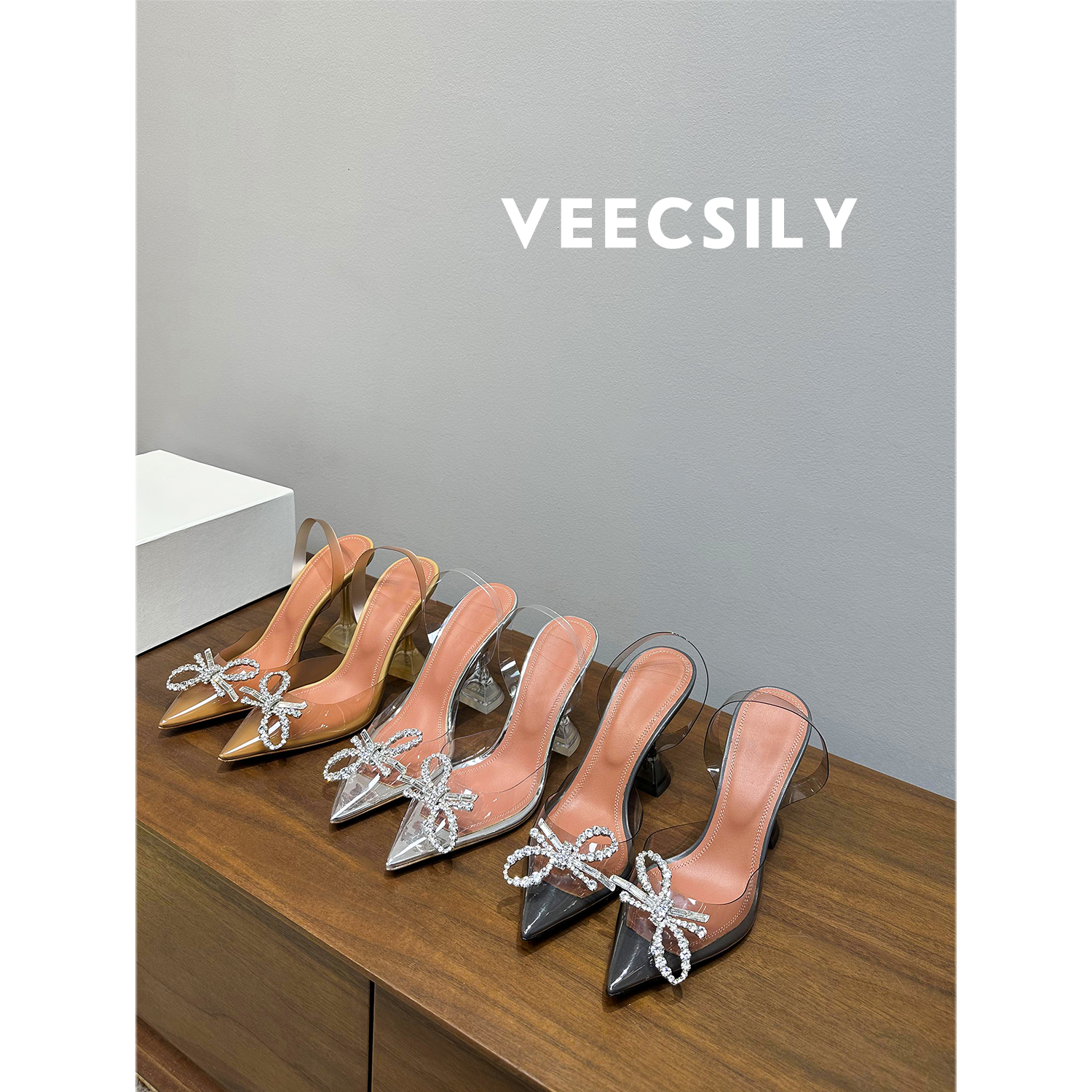 尖头蝴蝶结仙女风细跟水晶高跟鞋