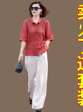 洋气妈妈夏装国风刺绣棉麻套装中年女装宽松显瘦衬衫阔腿裤两件套