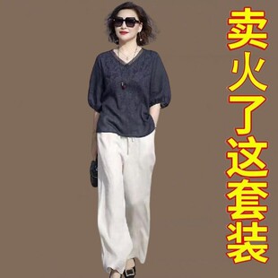 洋气妈妈文艺复古天丝棉麻套装女夏季阔太太时尚休闲阔腿裤两件套