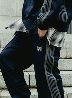 老夫子 needles 高级深蓝 垂感男女减龄百搭神裤运动休闲长裤宽松