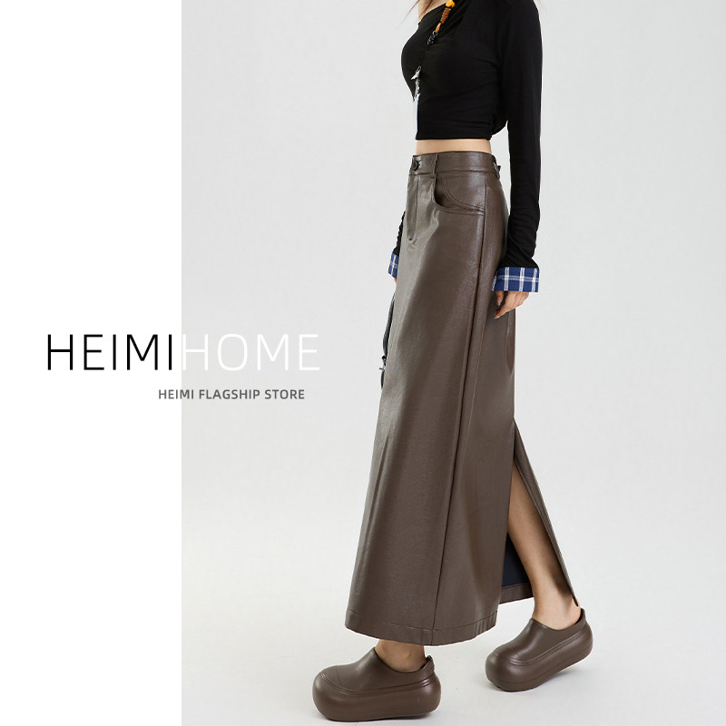 后开叉PU皮裙A字直筒半裙