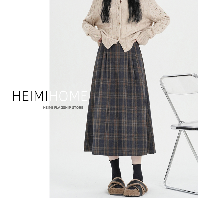 复古毛呢格子半身裙A字格纹裙子
