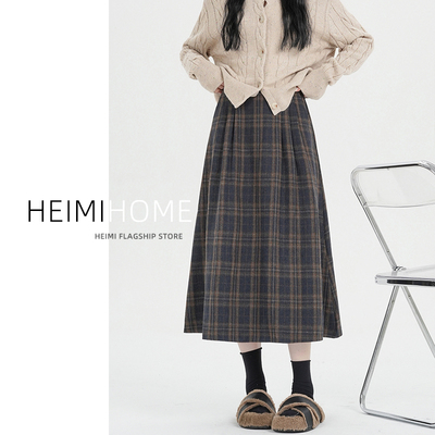 复古毛呢格子半身裙A字格纹裙子