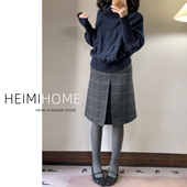 复古压褶格纹半身裙女秋冬季 格雷系A字格子裙小个子百搭毛呢中裙