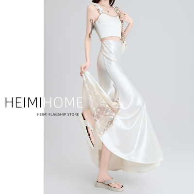 夏季薄款高腰蕾丝醋酸缎面鱼尾裙