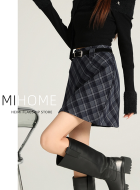 复古毛呢格纹半身裙女秋冬季高腰a字格子裙学院风加厚包臀短裙子