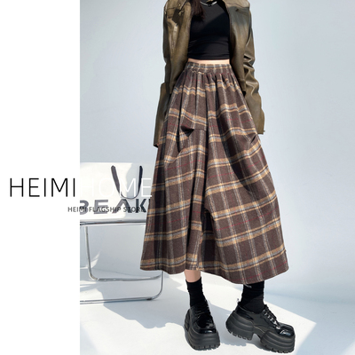 春秋冬高腰不规则褶皱毛呢格子裙