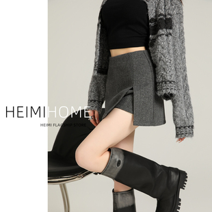 灰色开叉毛呢半身裙女秋冬季 气质加厚包臀裙小个子高腰a字短裙裤
