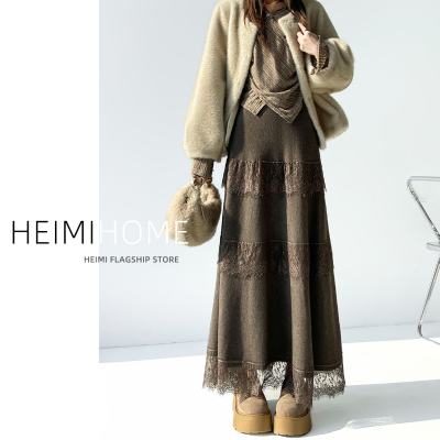 秋冬高腰针织蛋糕蕾丝花边半身裙