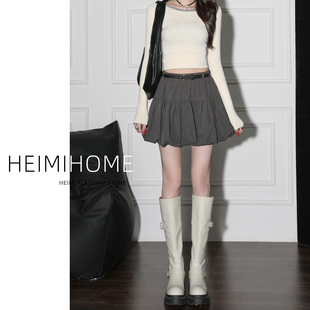 灰色花苞裙半身裙女春秋休闲显瘦a字蓬蓬裤裙小个子高腰灯笼短裙