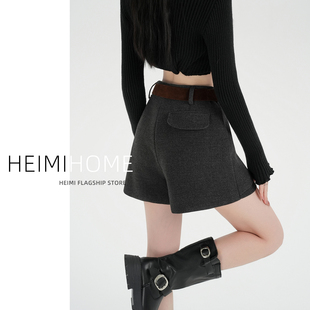 小个子假两件阔腿靴裤 高级灰色毛呢短裙女秋冬季 气质A字休闲裙裤