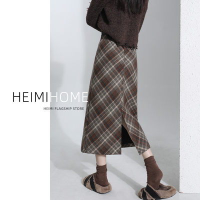 直筒毛呢格子裙格纹A字半身裙女