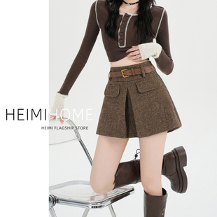 小个子呢子半身裙 气质A字休闲裙裤 咖色复古开叉毛呢靴裤 女秋冬季