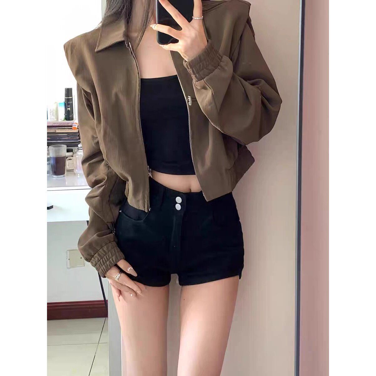 秋季女装棕色美式复古短款外套新款女美拉德穿搭休闲夹克春秋