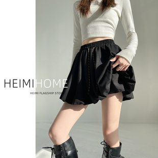 黑色麂皮绒花苞半身裙女秋冬季复古蓬蓬裙小个子学院风A字灯笼裙