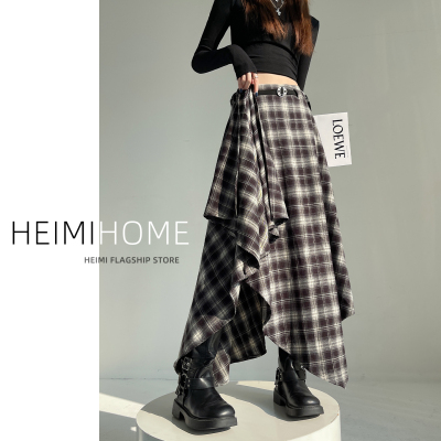 春秋冬不规则撞色磨毛格纹裙