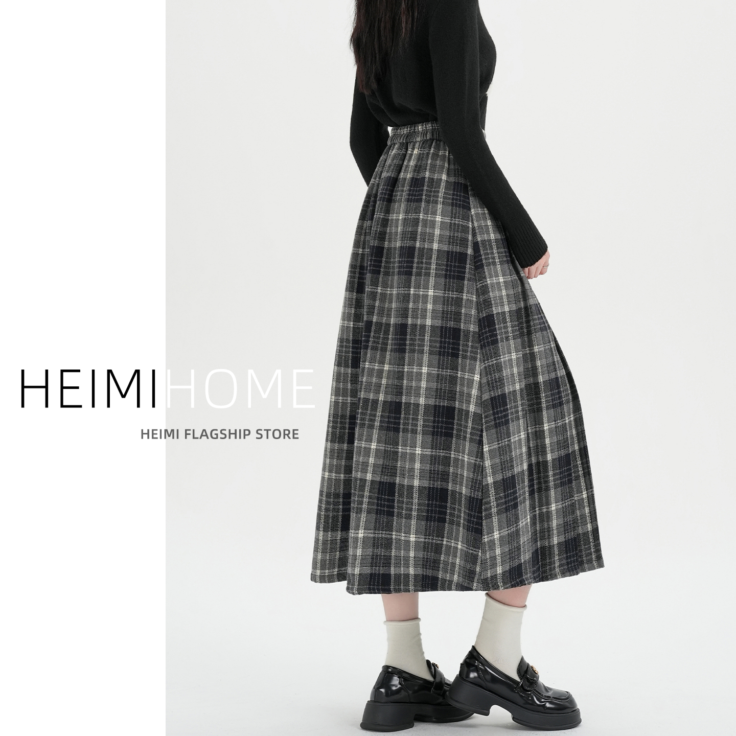 学院风格子半身裙女秋冬季高腰a字格纹中长裙复古加厚毛呢百褶裙