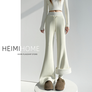 抽绳羊绒糯米马蹄裤 加厚加绒休闲卫裤 潮 女秋冬季 米白色微喇运动裤