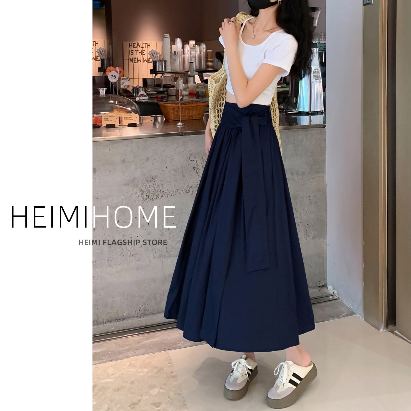 藏青色绑带束腰半身裙女春夏秋高级感假两件大摆裙气质a字百褶裙