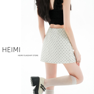 杏色miu系休闲短裙女2026夏季 气质包臀半身裙小个子A字波点裙 薄款