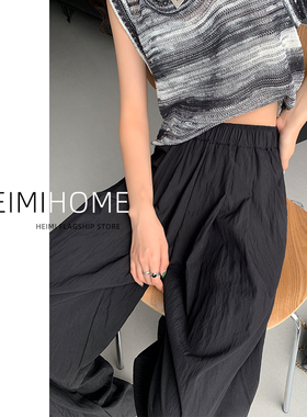 黑色冰丝裤女夏季薄款高腰垂感慵懒山本裤小个子棉麻直筒阔腿裤潮