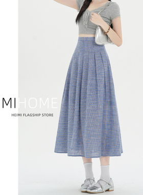 蓝色格纹半身裙女2026夏季学院风压褶百褶裙小个子宽松复古格子裙