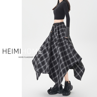 不规则半身裙女2025春秋季高腰设计感A字格纹裙气质复古格子长裙