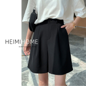 子女夏薄款 高腰垂坠感a字阔腿中裤 宽松直筒西装 黑色五分裤 短裤 潮