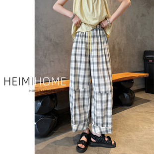 复古棉麻弯刀裤女夏季薄款高腰慵懒感格纹休闲裤小个子阔腿格子裤