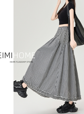 复古木耳花边格子半身裙女春夏高腰A字蛋糕裙中长款休闲白色长裙