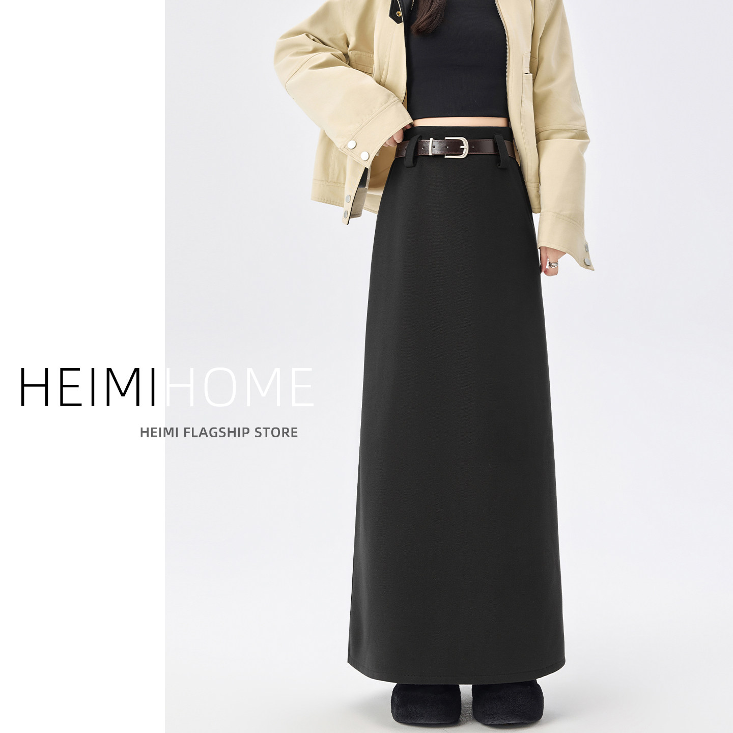 黑色毛呢半身裙女秋冬季高腰a字加绒长裙气质长款开叉加厚直筒裙