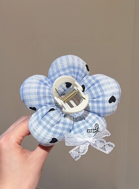 韩国原创蓝色格纹立体花朵抓夹女小众盘发鲨鱼夹子头饰发卡发饰