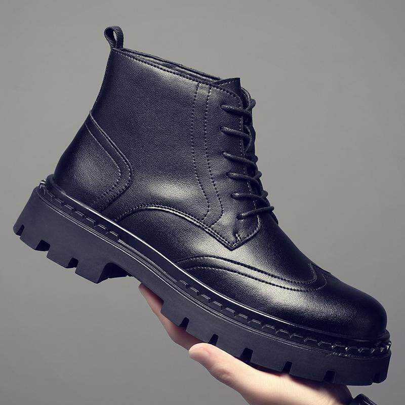 马丁靴男士英伦风秋冬季加绒中帮皮鞋黑色休闲工装靴短靴高帮男鞋