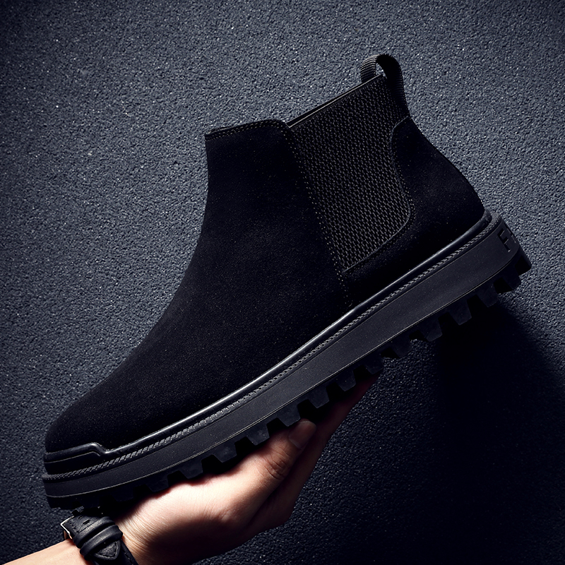 新款马丁靴加绒皮靴男款真皮休闲雪地靴中帮纯黑色切尔西短靴子男