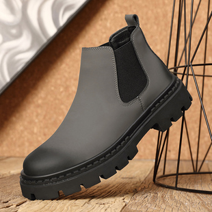 秋冬季新款切尔西靴马丁靴男款低帮皮靴子潮流厚底增高真皮短靴子
