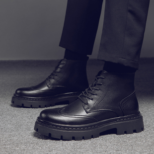马丁靴男款英伦风秋冬季加绒中帮皮鞋黑色休闲工装靴短靴高帮男鞋