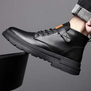 马丁靴男款2025新款秋冬季中低帮真皮休闲皮鞋黑色英伦风工装短靴