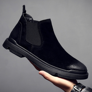 新款男士马丁靴低帮翻毛皮靴子男真皮复古加绒保暖秋冬切尔西靴男