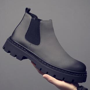 秋冬季新款切尔西靴加绒高帮一脚蹬烟筒靴厚底马丁靴低帮靴子男款