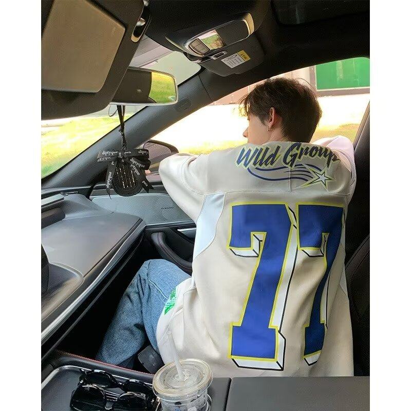 美式重磅棒球圆领卫衣男款潮牌复古77号冰球服运动情侣长袖打底衫