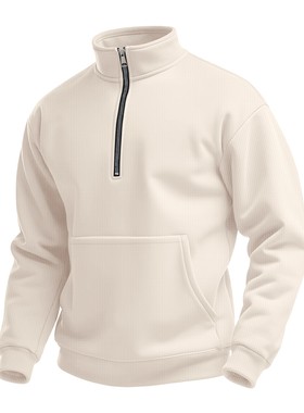 2025新款秋季跨境男士华夫格拉链高领卫衣速卖通亚马逊华夫格长袖